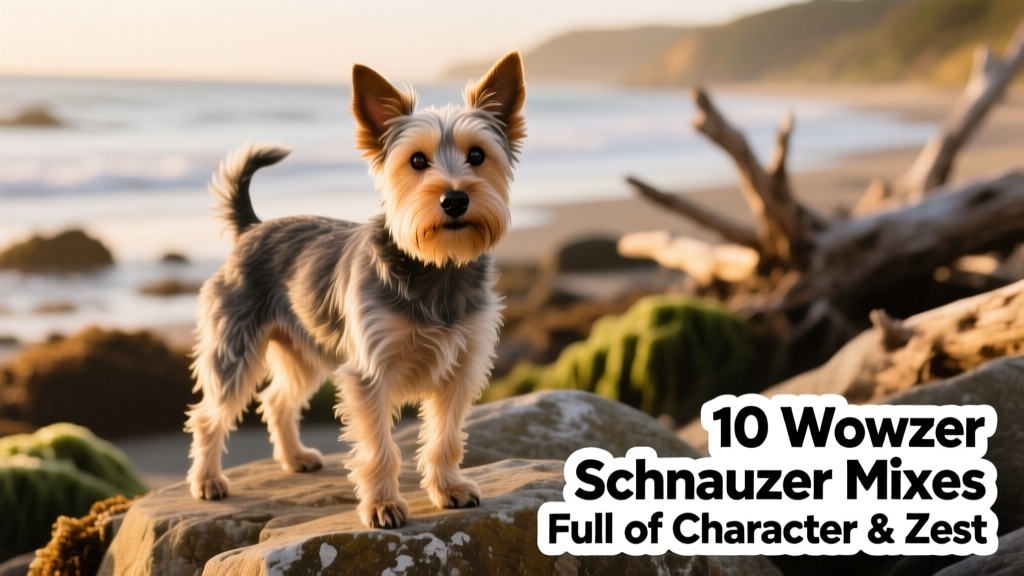 Snorkie, Schnauzer Yorkie mix, standing on rocks