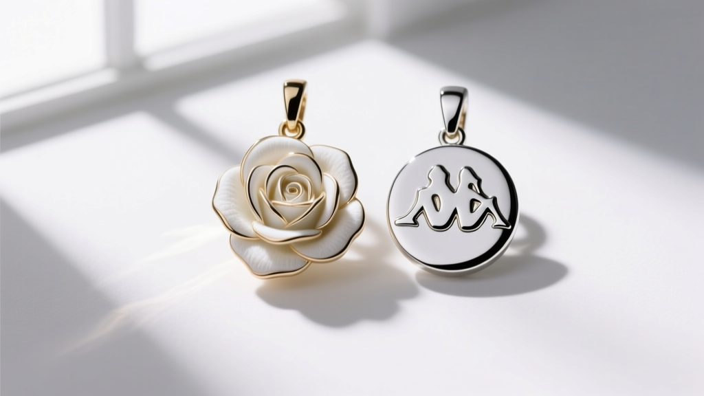 Macro photography comparing recessed soft enamel to polished flat hard enamel on a Kappa Delta white rose jewelry charm.