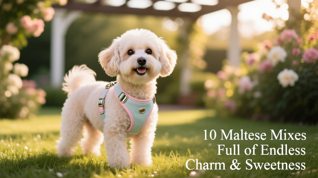 maltipoo wearing a harness