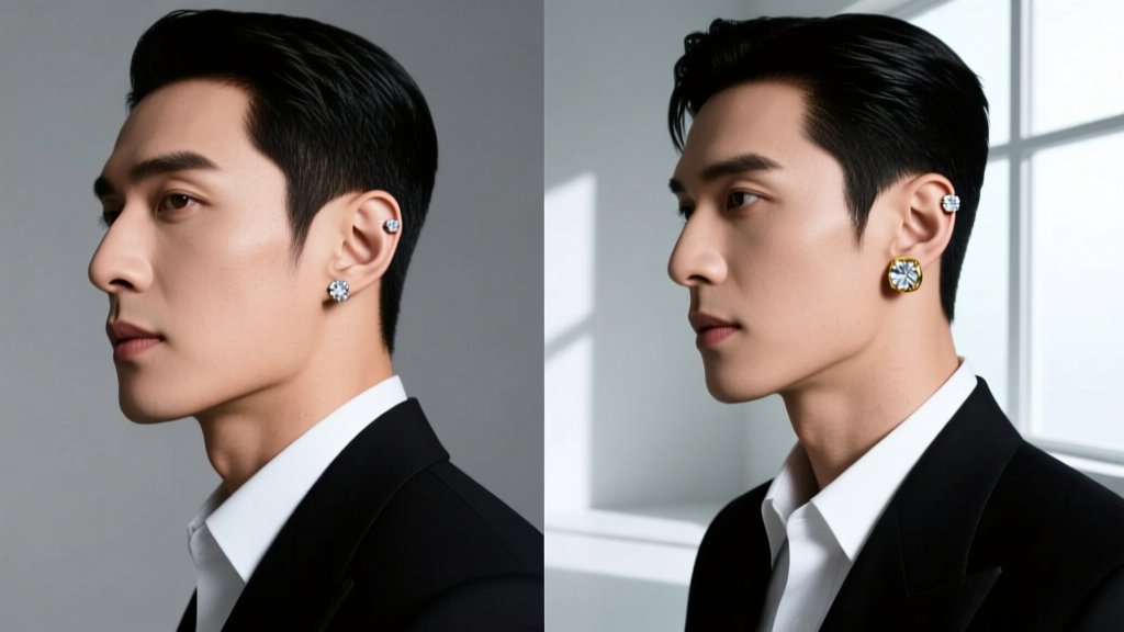Side-by-side comparison of a man with a square jawline wearing 5mm diamond studs and a man with a narrow face wearing 8mm studs