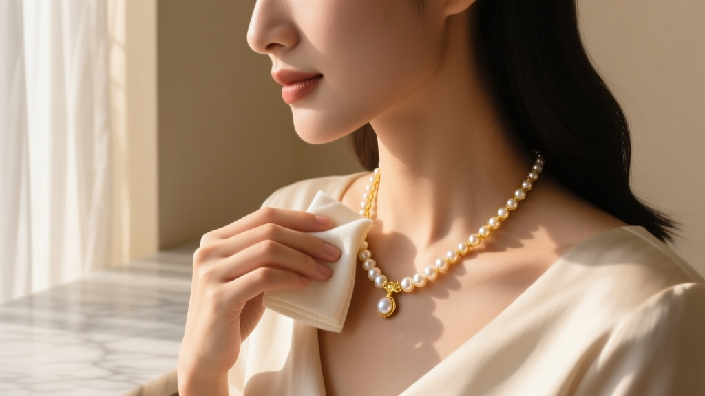 Soft-lit scene of a woman gently wiping a 14k gold and pearl necklace with a microfiber cloth, avoiding harsh chemical cleaners.