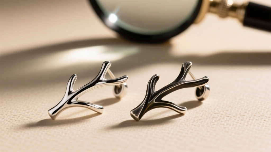 Polished Argentium and oxidized sterling silver branch earrings examined side-by-side under a jeweler's loupe on a clean workbench