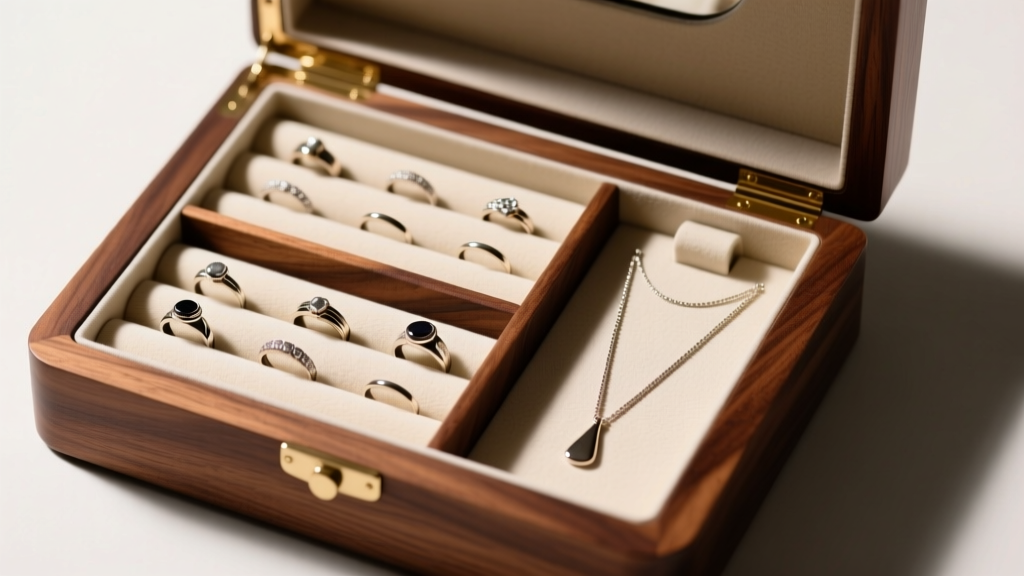 Interior of a custom wooden jewelry box showing precise two-inch ring rolls and an eighteen-inch vertical drop for long necklaces.