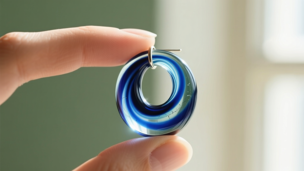 Macro shot of a borosilicate glass tunnel earring with blue swirls, held between fingers against a softly blurred background.