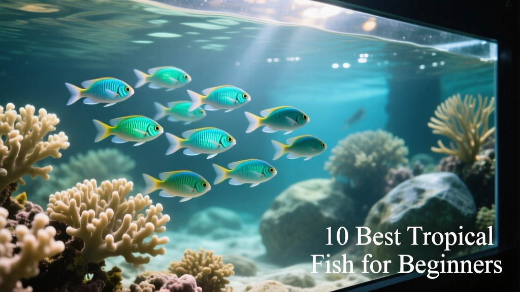 A small school of blue-green chromis hovering mid-water in a saltwater reef tank with soft coral and gentle flow