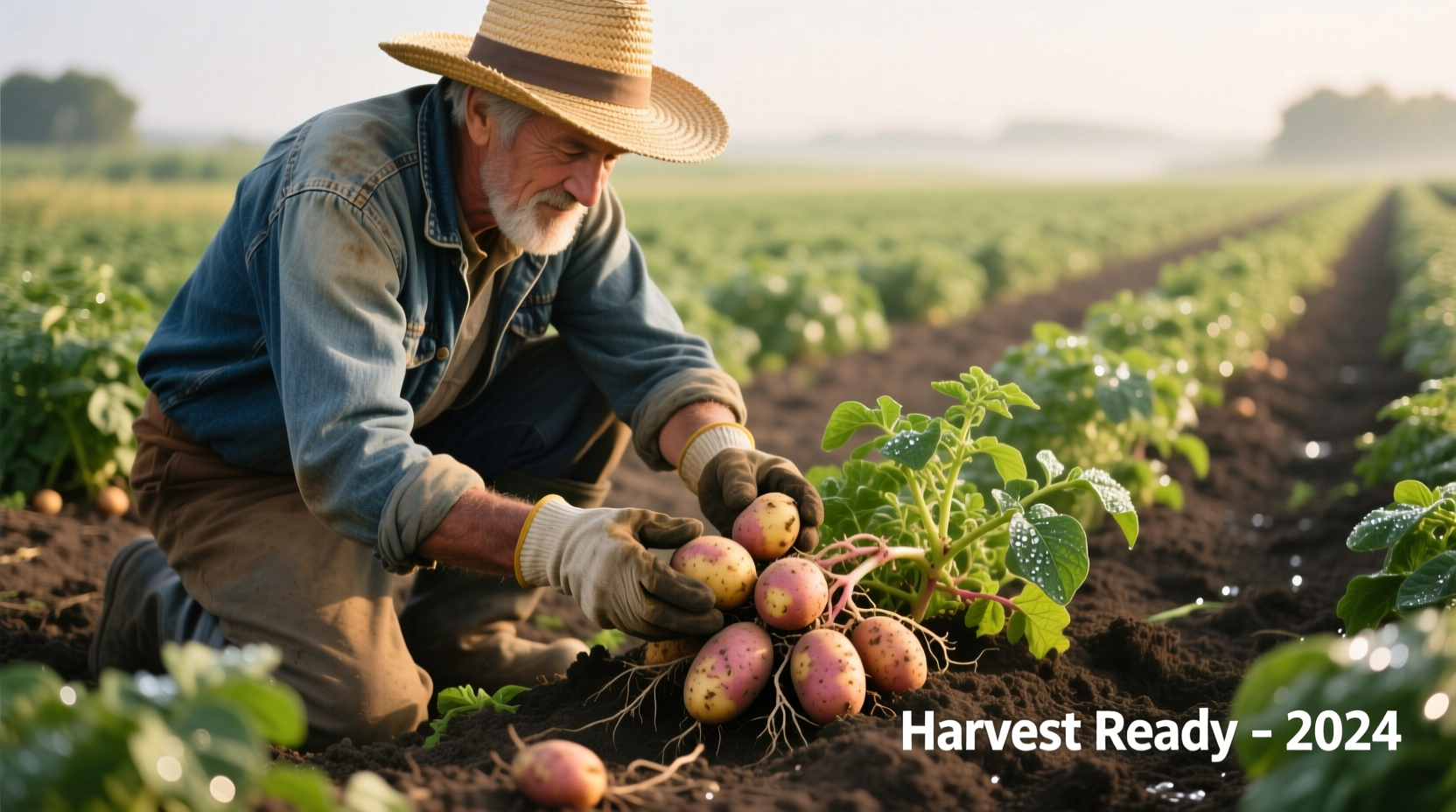 Potato farmer inspecting healthy tuber growth in field