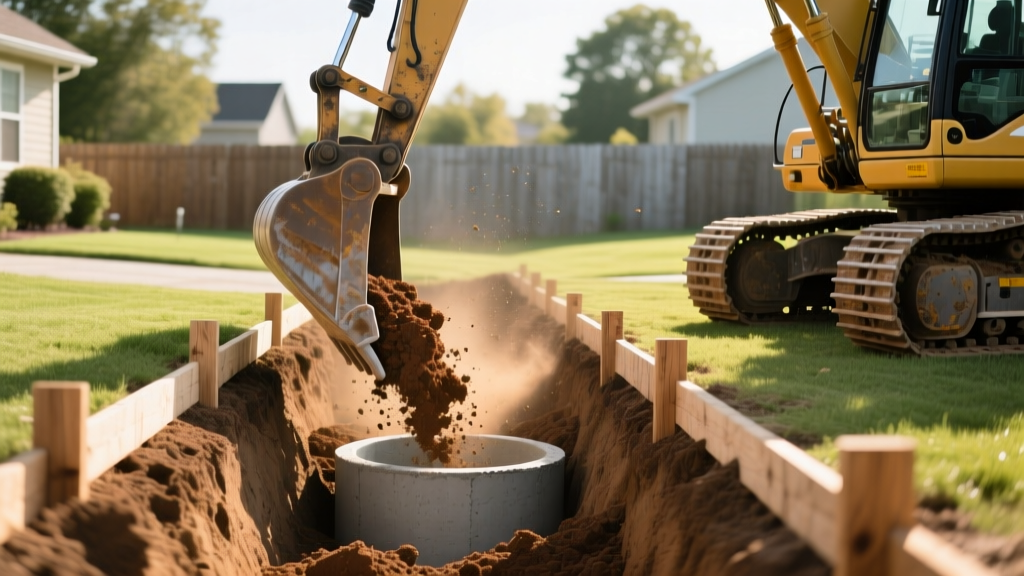 Excavator digging a deep trench for a concrete septic tank installation in a residential backyard with loose brown soil and wooden forms nearby