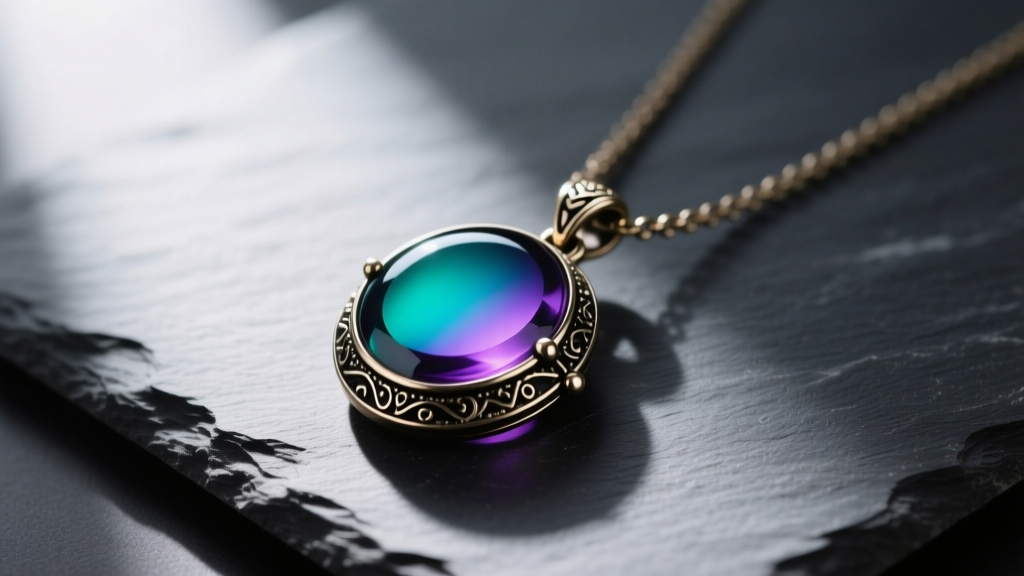 Macro shot of a vintage mood necklace pendant showing a vibrant teal and violet thermochromic shift, resting on dark slate with soft lighting.