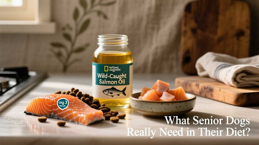 Close-up of kibble with visible glucosamine and omega-3 supplement icons, next to a jar of fish oil and a small dish of salmon