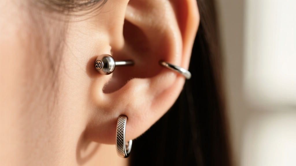 Titanium labret in the first earlobe hole paired with a 20g huggie in the second hole, sharp macro focus on the metal textures.