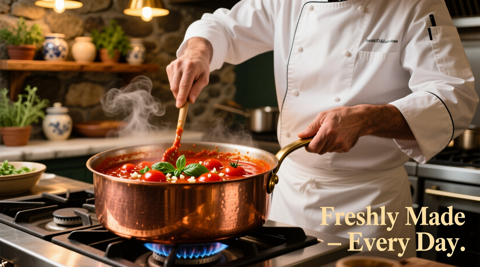 Chef stirring fresh tomato sauce in copper pot