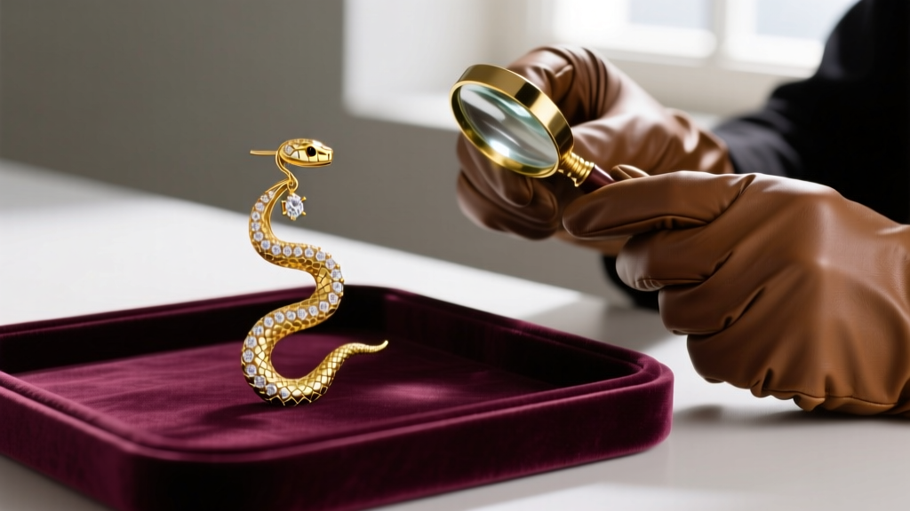 Hand-fabricated 18k yellow gold snake dangle earring with pave diamond scales on a velvet tray next to a jeweler's loupe