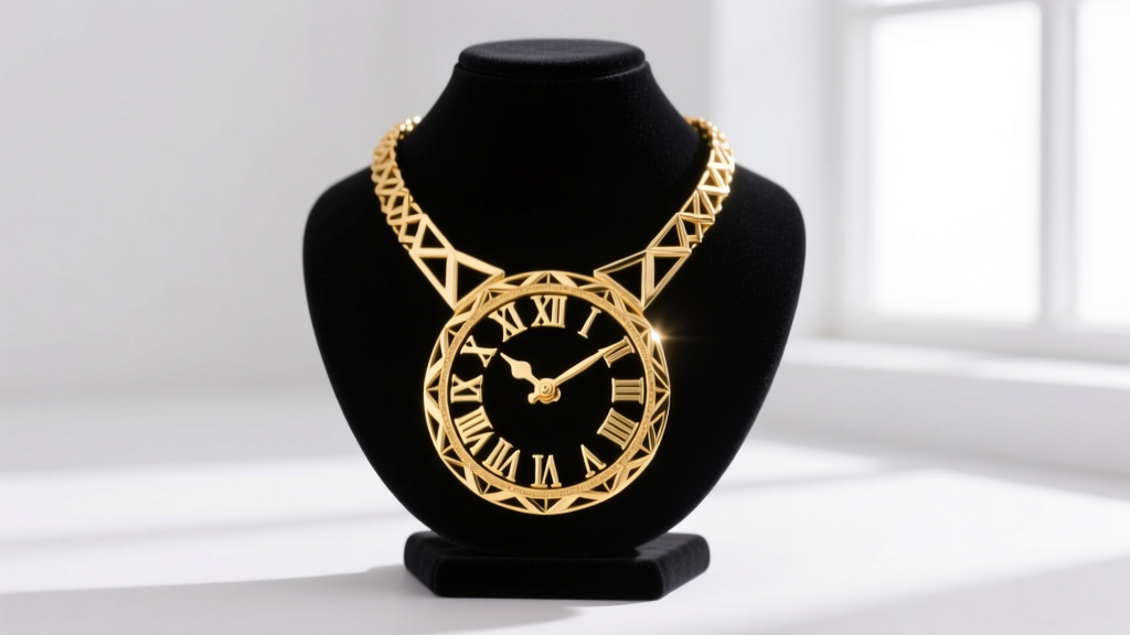Massive 6-inch gold-plated hip-hop clock necklace on a black velvet display bust, studio lighting highlighting the roman numerals.