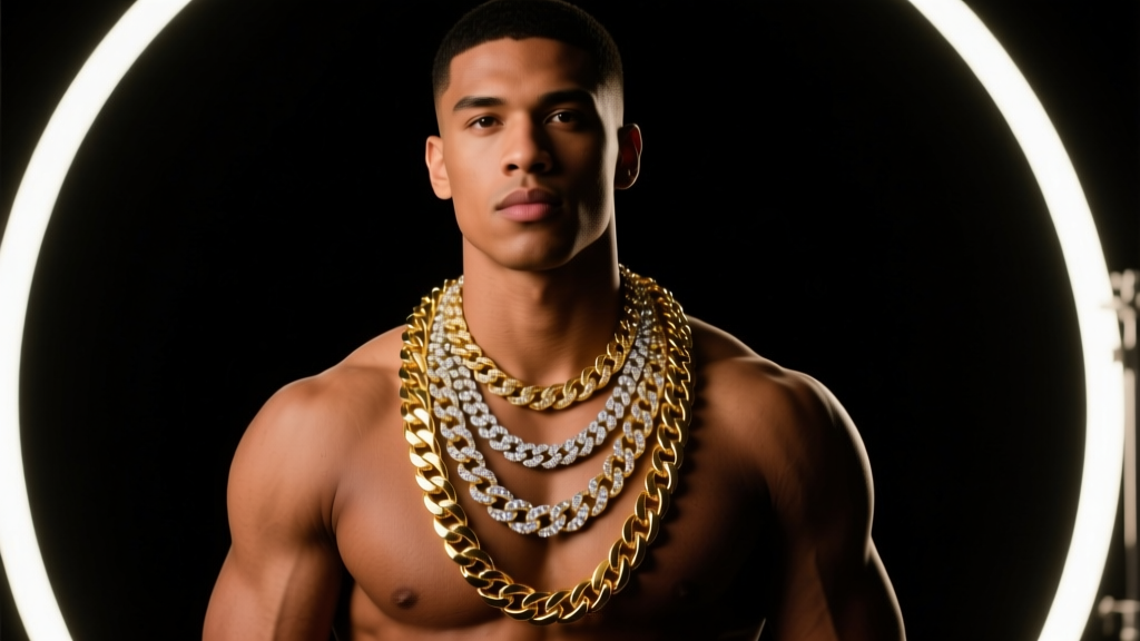 Athlete wearing layered 14k gold Miami Cuban and diamond tennis chains against a dark studio backdrop with cinematic rim lighting