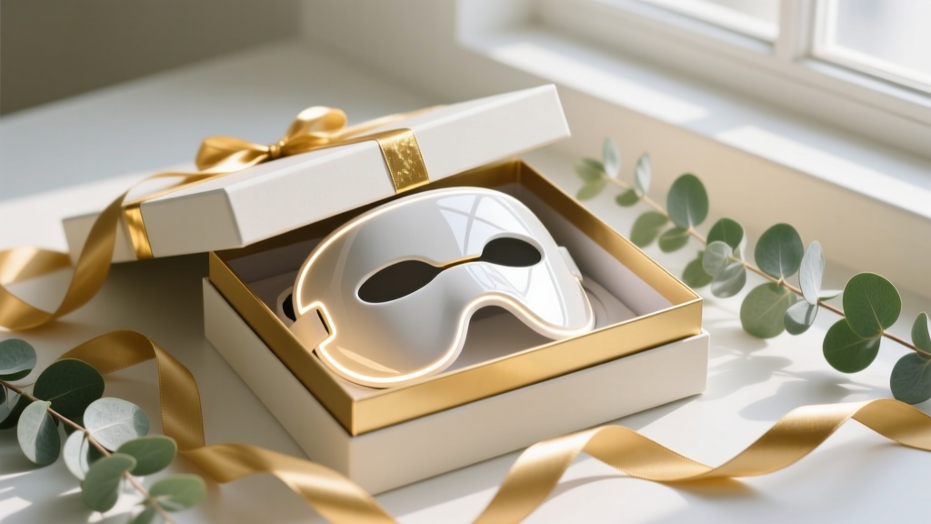 Elegant holiday gift box opened to reveal a sleek silicone LED light therapy mask surrounded by gold ribbon and eucalyptus sprigs