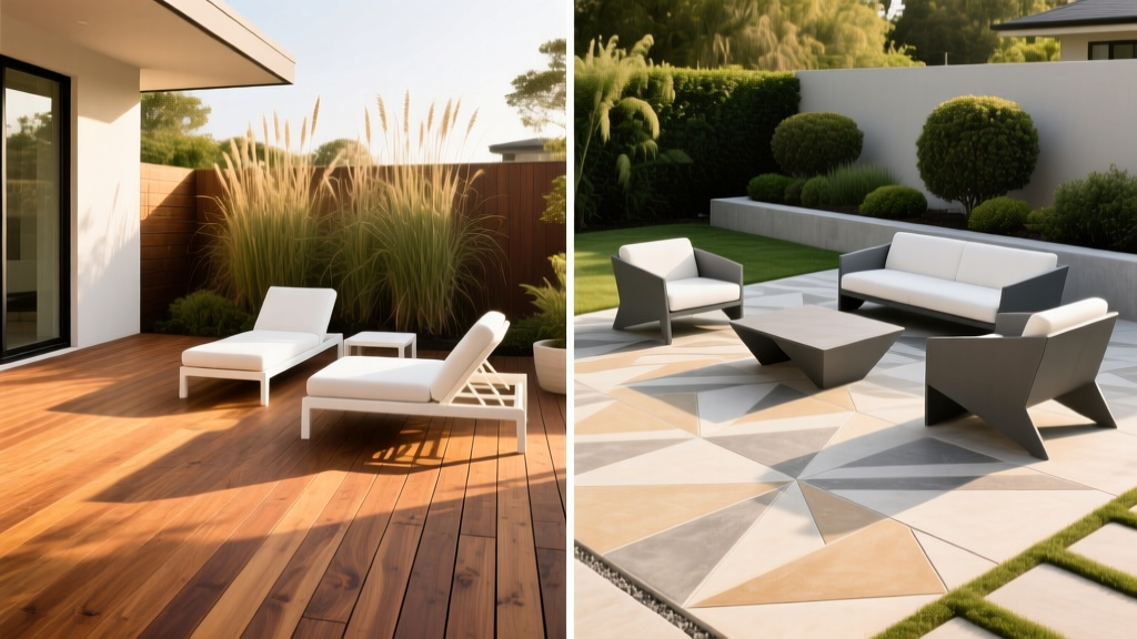 Split-screen backyard showing a warm ipe wood deck on the left and a modern stamped concrete patio on the right with outdoor furniture