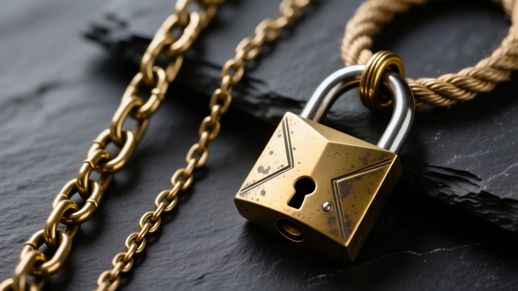 Macro shot comparing a 5mm Cuban link chain and a 3mm rope chain next to a heavy brass padlock pendant on a dark slate surface.