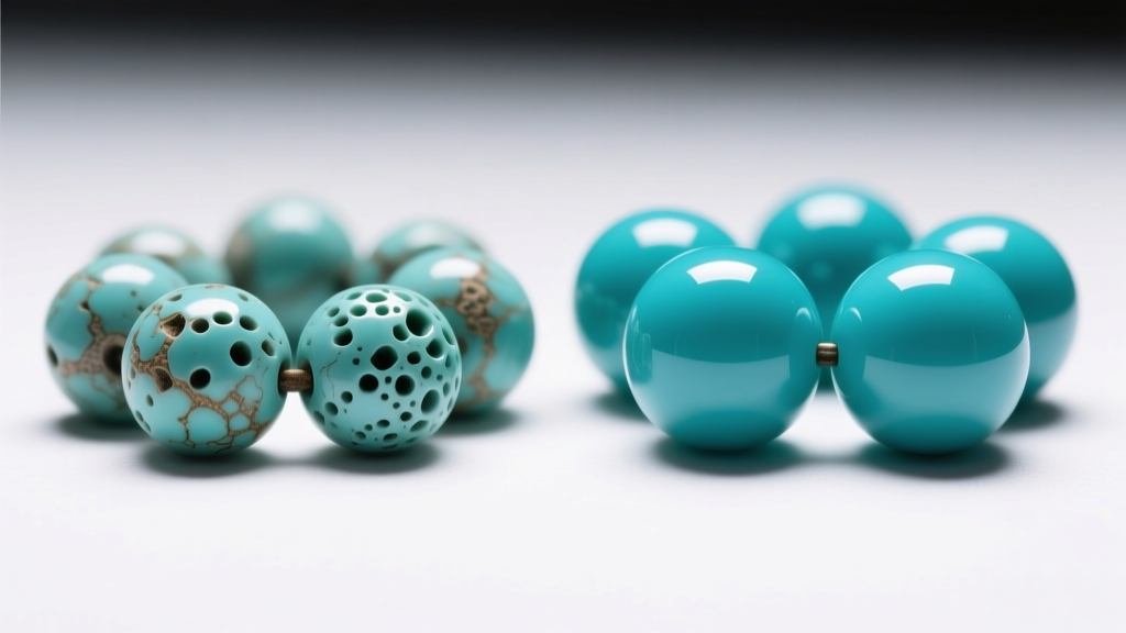 Macro comparison of porous natural turquoise beads next to glossy resin-stabilized turquoise beads under bright studio lighting.