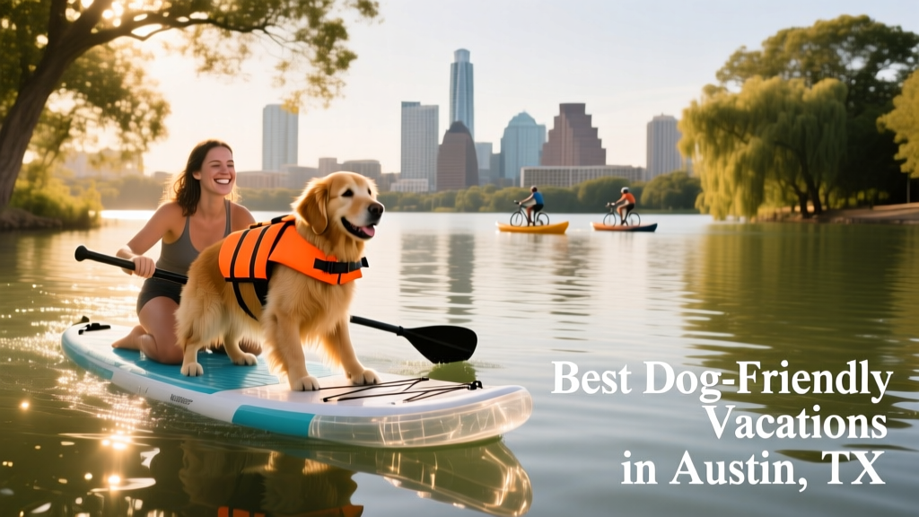 A golden retriever wearing a bright life jacket paddling alongside its owner on a stand-up paddleboard on calm, sun-dappled Lady Bird Lake