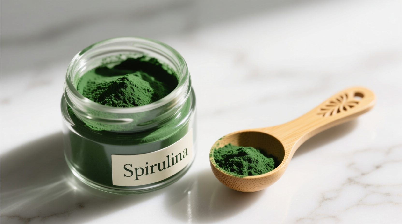 Spirulina powder in glass container with measuring spoon
