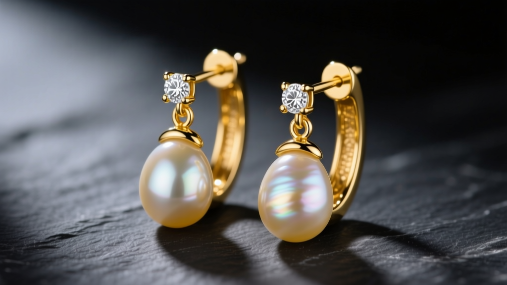 Macro shot of 18k yellow gold graduated front back earrings with a diamond stud and large South Sea pearl drop on dark slate