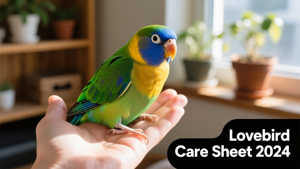 A healthy lovebird perched calmly on a hand, with bright eyes and smooth, colorful feathers