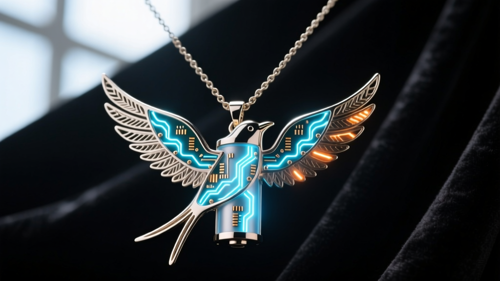 Glowing LED battery bird necklace pendant on dark velvet, highlighting intricate metallic wings and micro-circuitry.