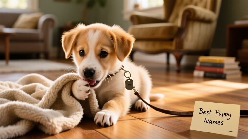 Small puppy chewing a blanket