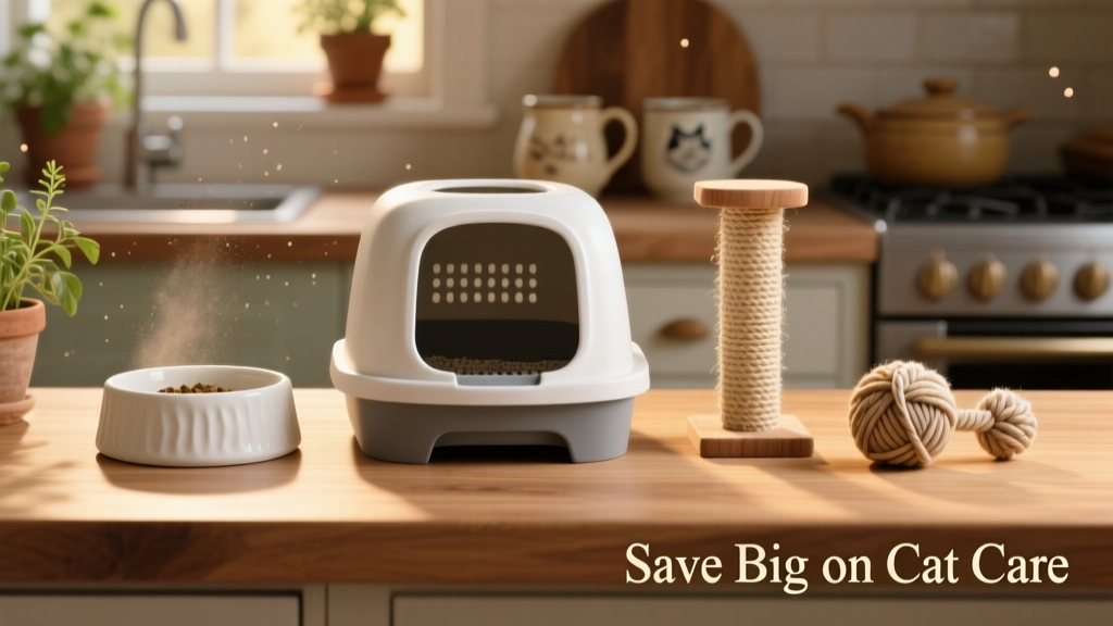 Side-by-side comparison showing affordable cat essentials: plain ceramic food bowl, basic litter box, simple scratching post, and a handmade toy