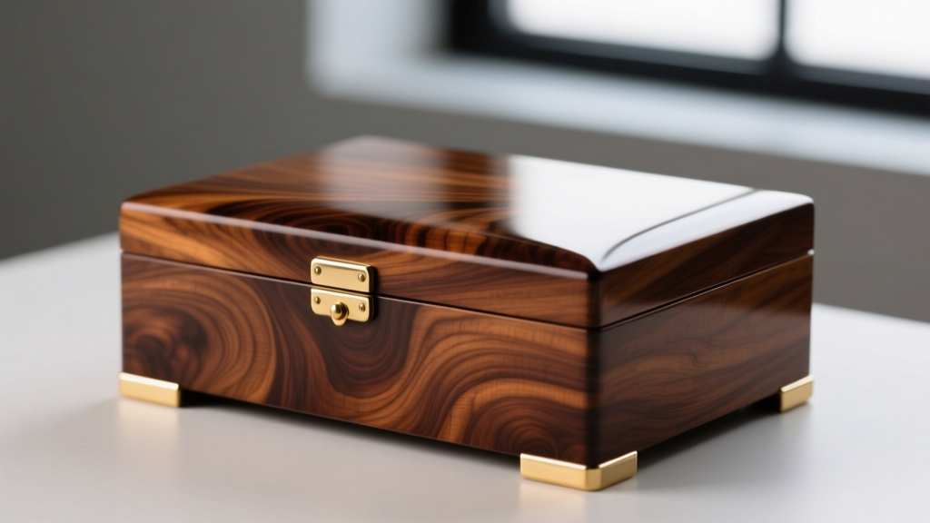 Close-up of a restored mid-century mahogany burl veneer Mele jewelry box exterior with polished solid brass corner brackets