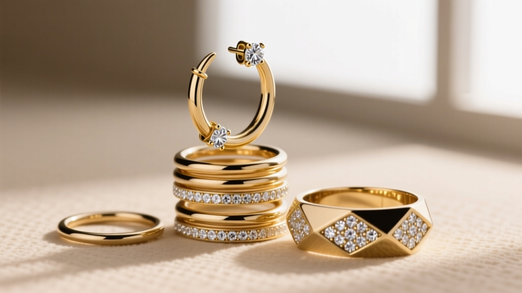 Close-up of a curated ear stack featuring gold cartilage hoops and diamond lobe studs, softly lit against a neutral beige backdrop.