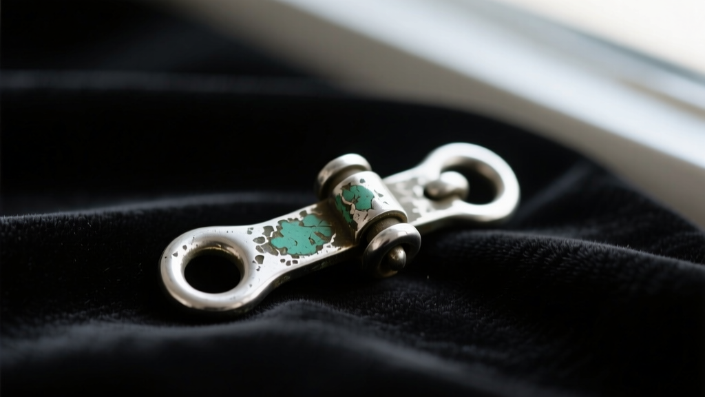 Macro photo of a tarnished silver clasp on black velvet, showing the contrast of dull metal against the rich dark textile