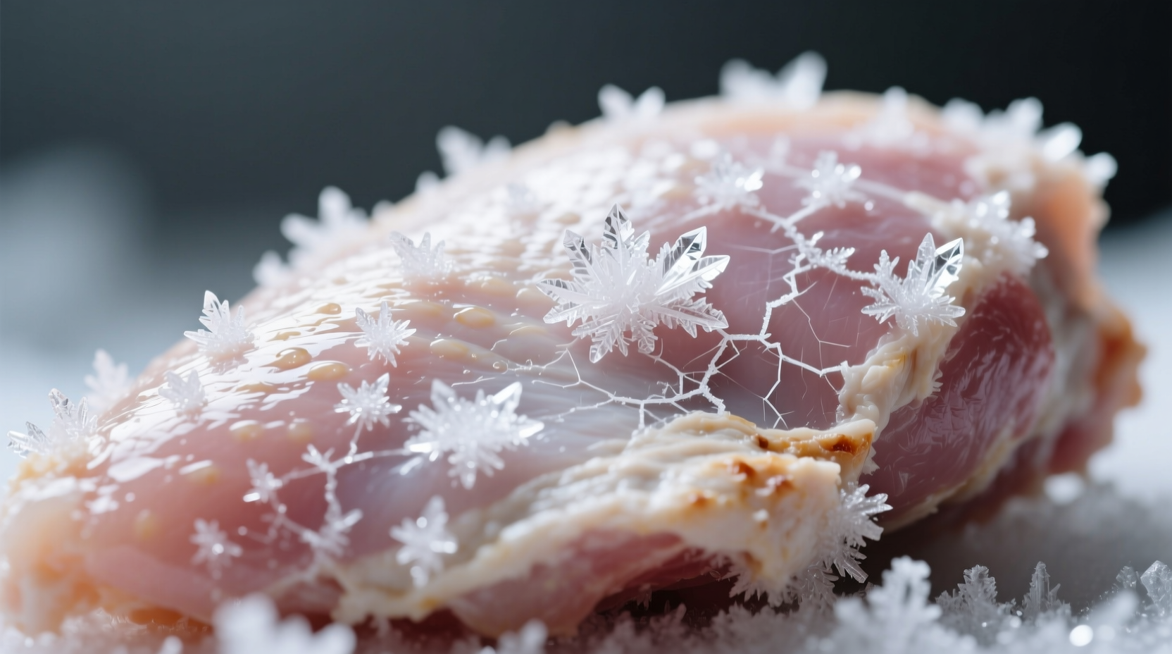 Close-up of freezer-burned chicken breast showing white crystallized patches