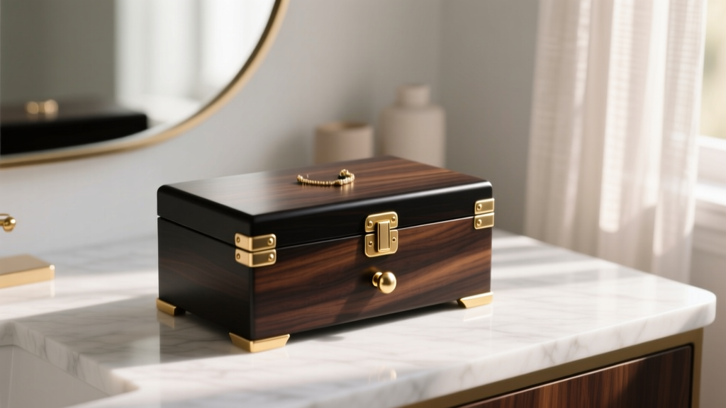 Elegant black walnut jewelry box stand with brass hardware, displayed on a marble vanity top, softly lit by morning window light.
