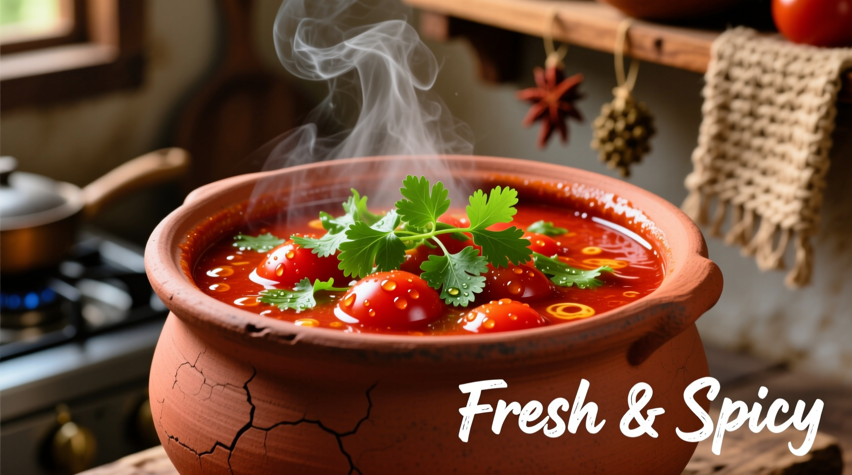 Vibrant red tomato curry in clay pot with fresh cilantro