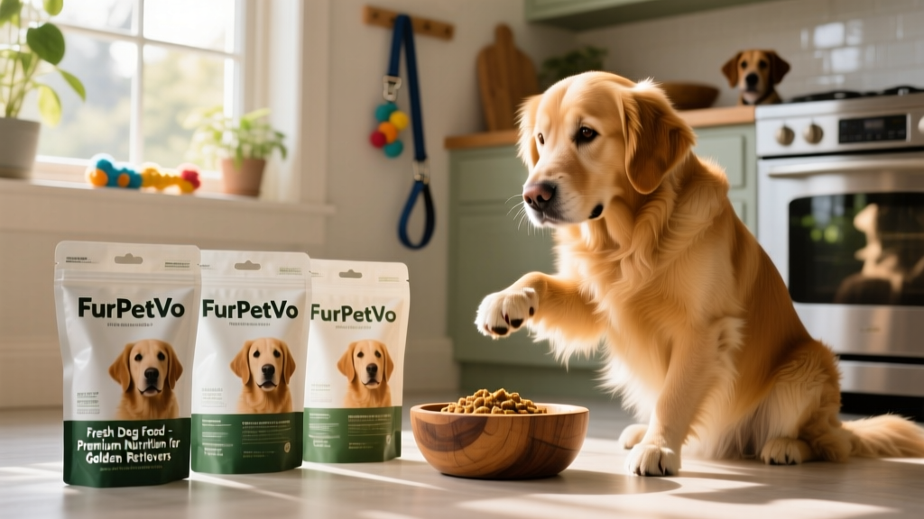 Three sealed, labeled FurPetVo fresh dog food pouches arranged neatly beside a Golden Retriever’s feeding bowl