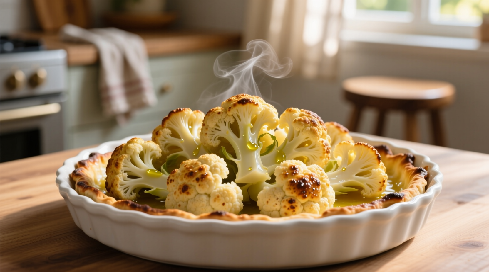 Golden baked cauliflower florets on a white baking sheet
