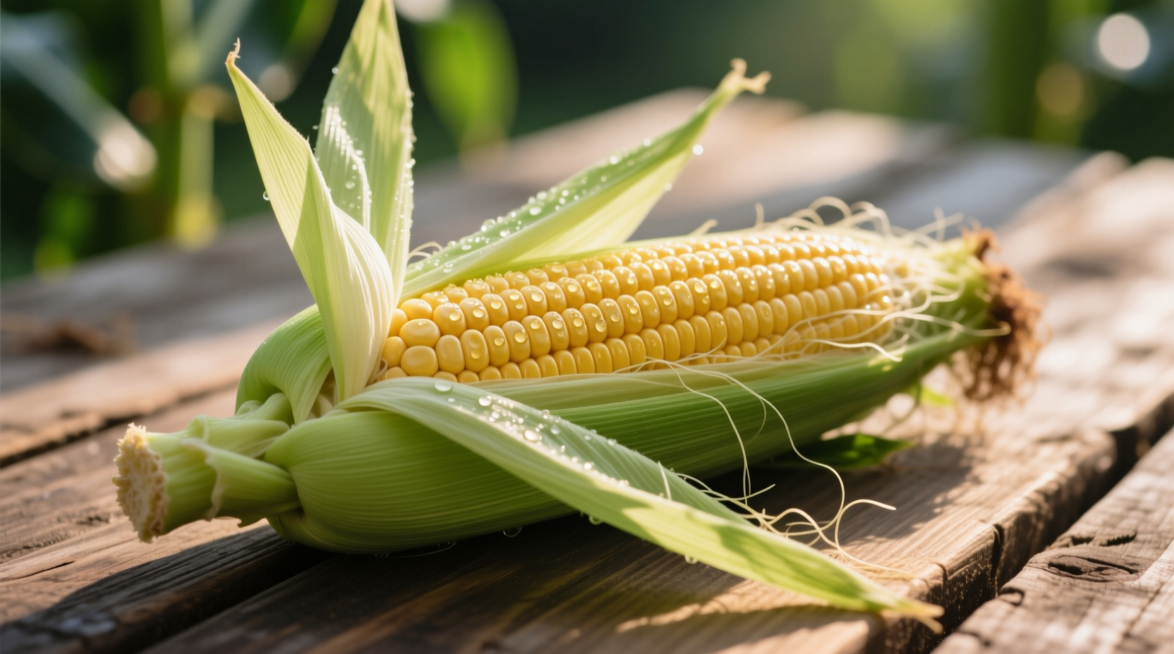 Fresh sweetcorn on cob with husk partially removed