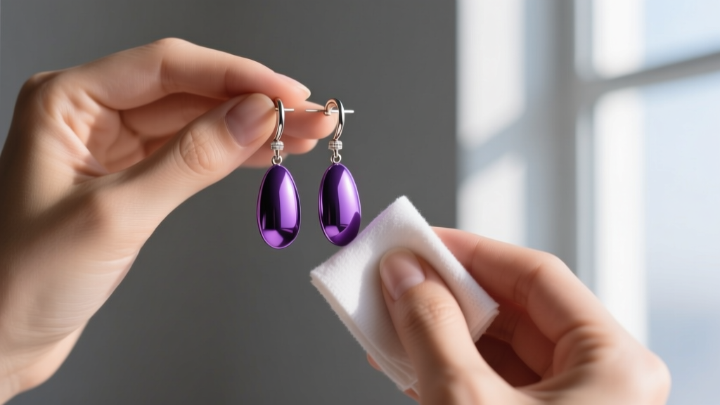 Hands cleaning purple anodized aluminum drop earrings with a microfiber cloth, avoiding harsh ultrasonic jewelry cleaning methods.