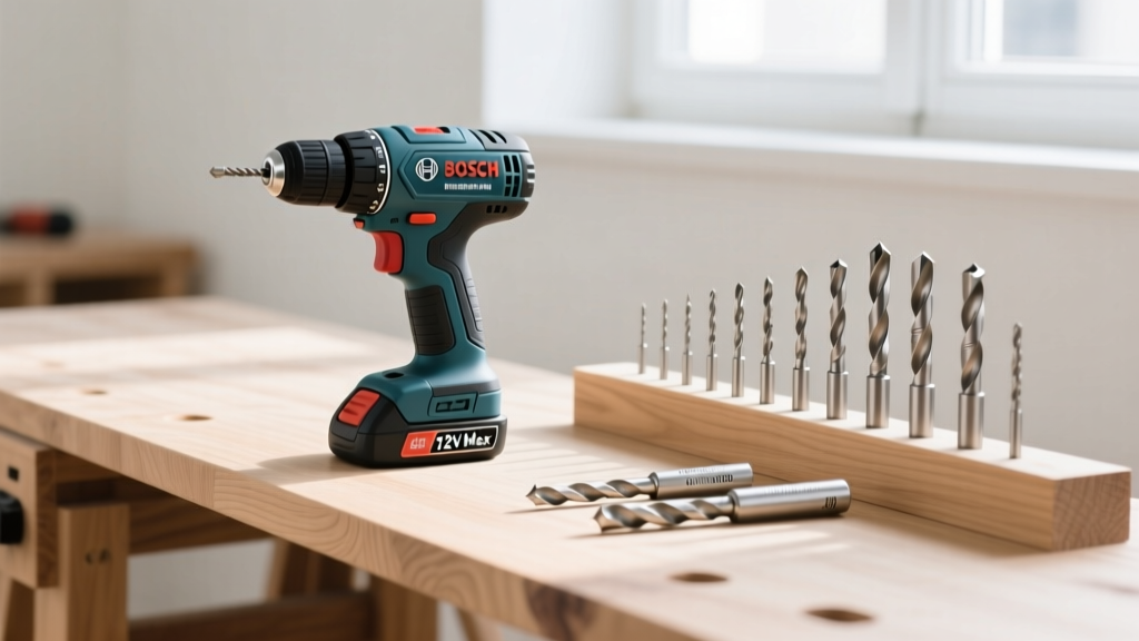 Bosch PS31 12V Max Cordless Drill resting on a wooden workbench next to a set of drill bits for home repair tasks