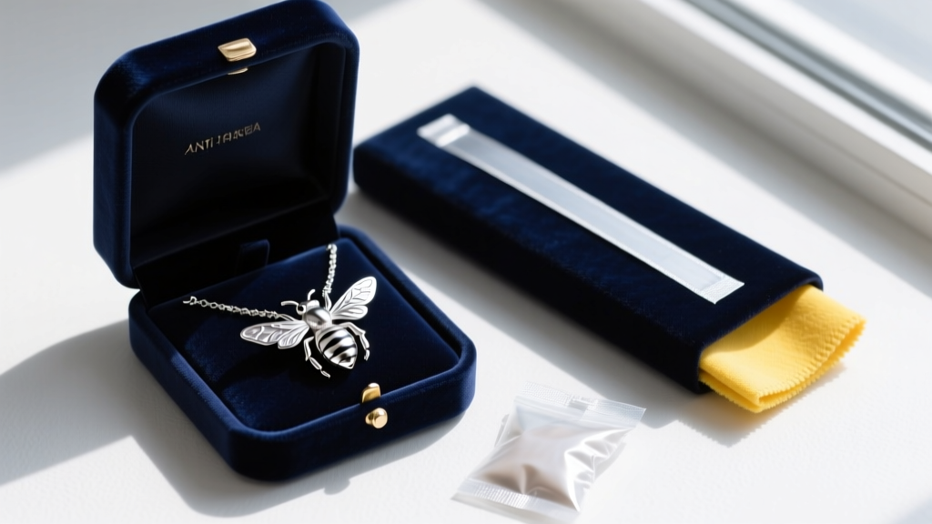 Silver bee necklace in a velvet box next to an anti-tarnish strip, a silica gel packet, and a yellow microfiber polishing cloth.