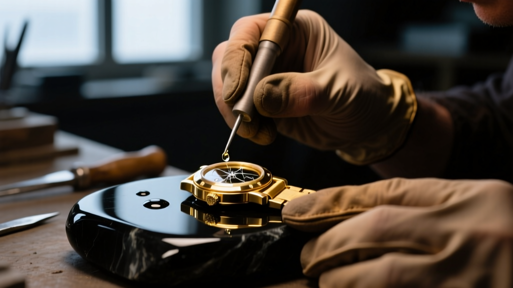 Close-up of a jeweler applying nitric acid to a scratched 14k gold watch case on a black testing stone in a dimly lit workshop.