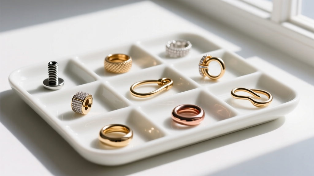 Flat lay of jewelry bails including screw-top, soldered loop, and pinch styles, arranged neatly on a white ceramic sorting tray