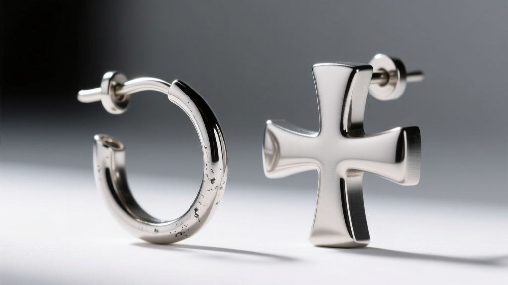 Macro shot of a bent 20-gauge earring post next to a thick 16-gauge titanium post designed for heavy dangle cross jewelry