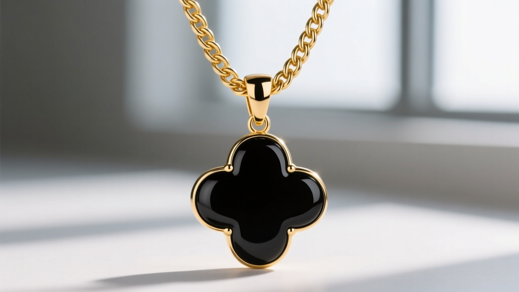 Detailed view of a delicate 18k gold cable chain and lobster clasp attached to a black onyx clover necklace pendant.