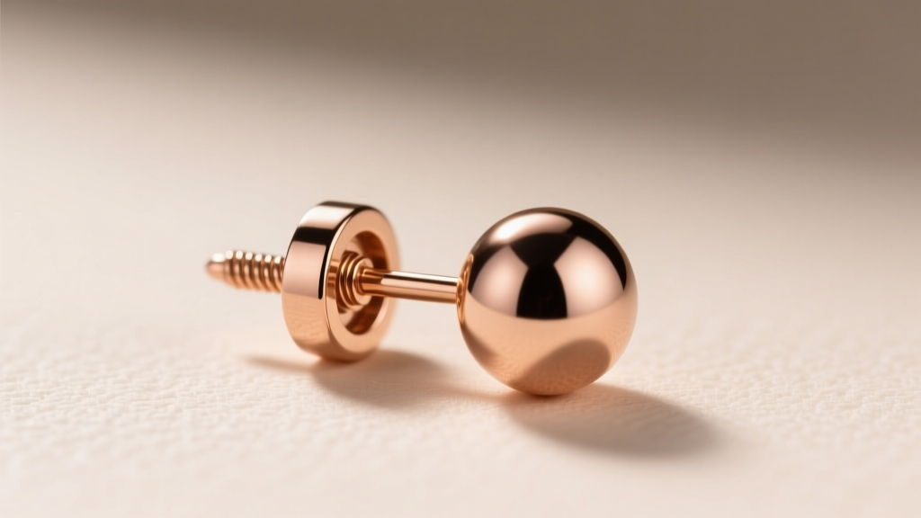 Close-up of a 14k rose gold ball earring showing a secure screw-back threading mechanism on the post against a soft cream backdrop