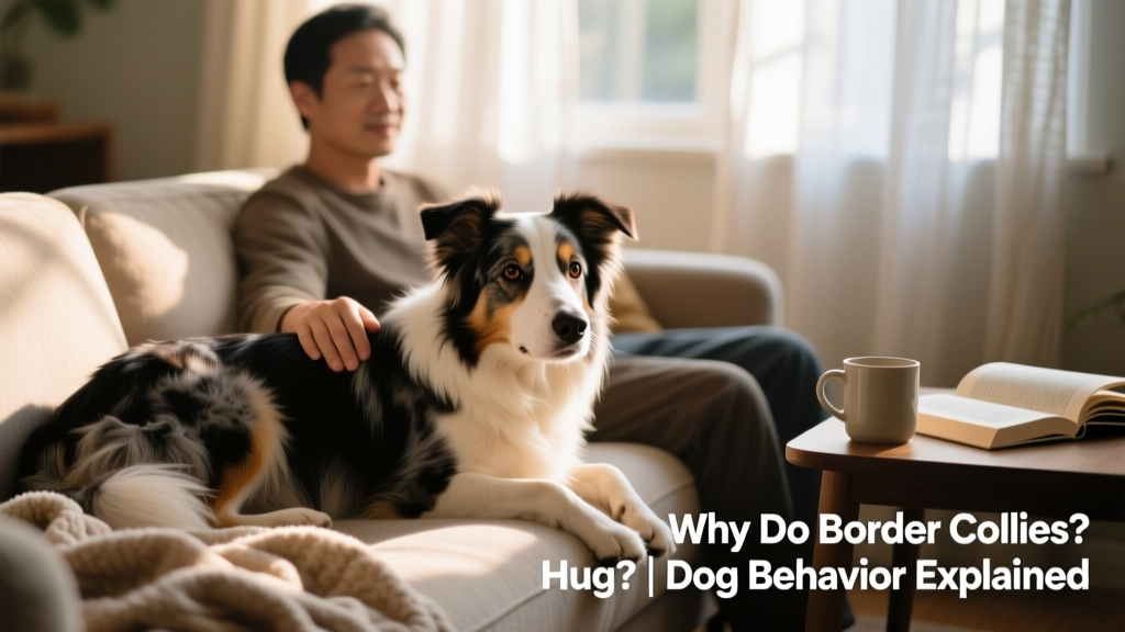 A relaxed Border Collie lying half-on, half-beside its owner on a couch, eyes soft and body loose