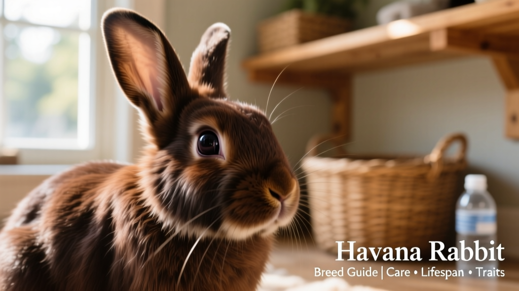 A close-up portrait of a Havana rabbit showing its smooth, shiny chocolate-brown coat and expressive dark eyes