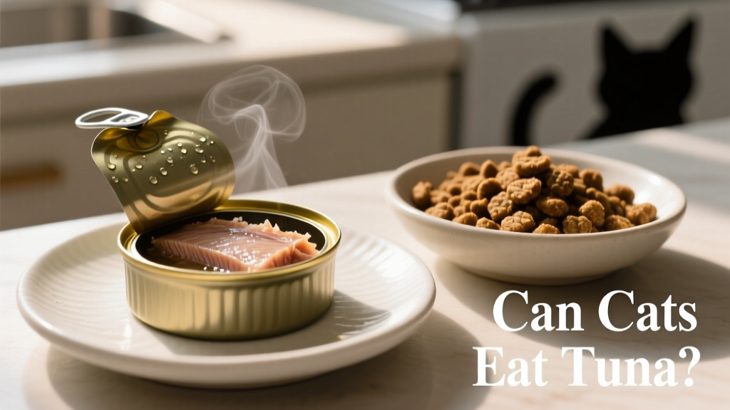 Close-up of a small portion of plain, water-packed tuna on a ceramic dish beside a bowl of high-quality cat food