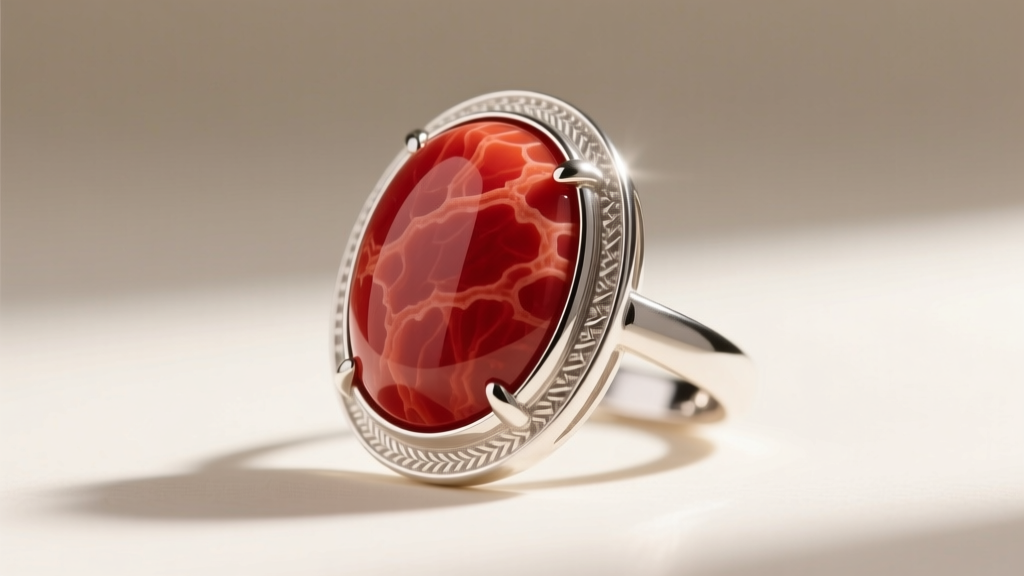 Side profile of a thick silver bezel wrapping an oval red coral cabochon, highlighting the seamless metal-to-gemstone junction.